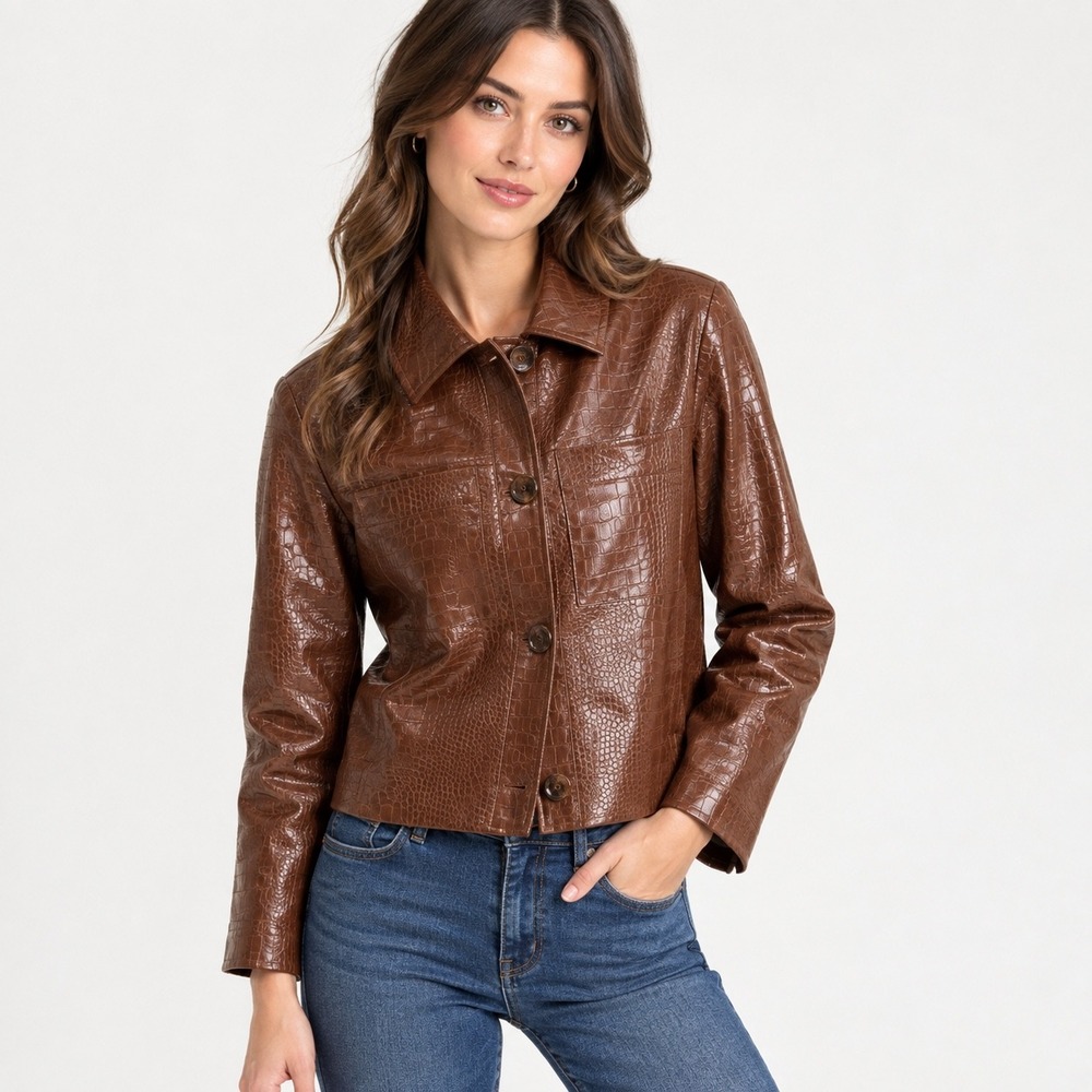 CoffeeShop NY Y2K Chocolate Brown Faux Crocodile Embossed Cropped Jacket Coat XL
